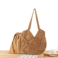 Bohemian crochet knit tote bag in tan brown with drawstring lining and geometric patterns - Camel (With Camel Liner)