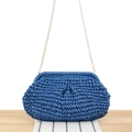 Dark blue woven paper straw clutch with gold chain strap for summer beach vacation - Blue