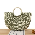 Semi-circular green and white striped paper rope woven tote bag with round handles - Army Green