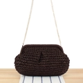 Dark coffee paper rope woven shell bag with golden metal chain strap for women - Black Purple