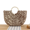 Minimalist semi-circular woven paper rope handbag in brown and cream coffee stripes - Dark Brown