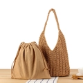 Handgewebte braune Baumwoll-Schultertasche mit praktischem Kordelzug-Innenbeutel aus Canvas - Camel (Mit Camelfarbenem Innenfutter)
