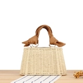 Sac de vacances en paille avec texture beige et poignées en cuir marron à nœud - Beige