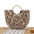 Halbrunde Tasche aus Papierstroh mit braun-cremefarbenem V-förmigem Wellenmuster - Dunkelbraun (Klein)