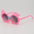 Pink pixel-style block frame sunglasses for kids with round grey gradient lenses - Pink