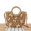 Borsa a semicerchio in paglia intrecciata marrone chiaro con farfalle e fiori di perle - Cammello Con Perle