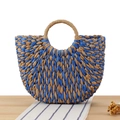 Semi-circular paper rope woven beach bag with blue and natural straw contrast - Blue (Small)