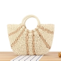Borsa tote intrecciata bicolore beige e marrone con manici circolari per le vacanze - Beige