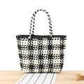Handwoven black and white checkered PVC tote bag with sturdy double handles - Black (Floral Woven)