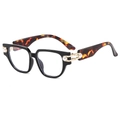 Cat eye glasses with black frames, tortoiseshell temples, and pearl gold hinge details - Black Frame Tortoise Legs