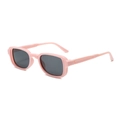 Pink retro square frame sunglasses for children with dark grey lenses in 45-degree view - Pink Frame Grey Lens