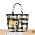 Woven black and white checkerboard tote bag with pink elephant charm accessory - Black (Flower Weave + Beige Elephant)