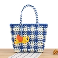 Blue and white checkered woven plastic handbag with a cute yellow elephant charm - Blue (Flower Weave + Bright Yellow Elephant)
