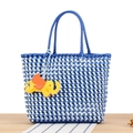 Blue and white checkered plastic woven tote bag with a yellow cartoon elephant charm - Blue (Bright Yellow Elephant)