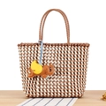 Brown and white checkered woven tote bag featuring a cute leather elephant charm - Camel (Khaki Elephant)