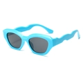Kids bright blue sport sunglasses with wavy arms and dark grey UV protection lenses - Blue Frame Grey Lens