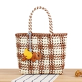 Brown and white checkered woven tote bag featuring a decorative leather elephant charm - Camel (Flower Weave + Khaki Elephant)