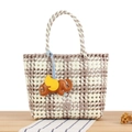 Woven plastic tote bag in cream and brown checkerboard pattern with elephant charm - Grey (Flower Weave + Khaki Elephant)
