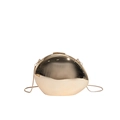 Close-up of golden egg-shaped evening bag featuring a mirror finish and metal chain - Light gold