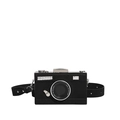 Detail van creatieve cameravormige crossbodytas met vintage lens en tekstprint - Zwart