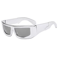 Futuristische silberne Metall-Sonnenbrille mit dunkelgrauen Gläsern in 45-Grad-Ansicht - Silberner Rahmen Weiße Spiegelgläser
