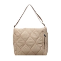 Close-up of beige quilted nylon shoulder bag showing hexagonal stitching and side zipper - Khaki