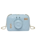Quilted light blue camera-shaped crossbody bag with gold chain and lens detail - Blue