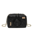 Black quilted faux leather camera-shaped crossbody bag with gold chain and lens detail - Black