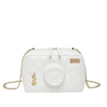 White quilted camera-style crossbody bag with golden chain strap and rhombus stitching - White