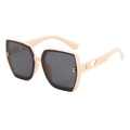 Pink oversized hexagonal sunglasses with dark grey lenses and gold H-shape cutout temples - B03Z-2 / Ivory White Grey