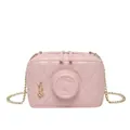 Pink camera-shaped crossbody bag with quilted rhombus pattern and gold chain strap - Pink
