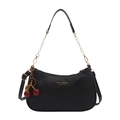 Close-up of litchi texture leather underarm bag with gold chain and cherry charm detail - With Charm Style / Black