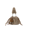 Faux mink fur drawstring bucket bag in light brown with a cute plush doll charm - No Pendant / Khaki