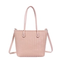 Bolso tote de cuero tejido rosa con asas dobles y correa de hombro ajustable - Rosa