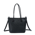 Retro woven tote bag in black leather with large capacity and crossbody shoulder straps - Black