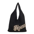 Bolso tote negro de peluche con bordado de letras Mama en leopardo y borde dorado - Negro