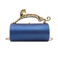 Detailed view of luxury navy blue acrylic evening bag with gold panther handle and chain - Blue