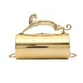 Elegante pochette cilindrica dorata con manico a forma di leopardo e tracolla a catena - Oro
