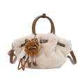 Close-up of cream faux fur handbag with brown leather straps and cute leopard doll charm - Single Bag / Apricot