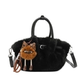 Detail of black faux fur handbag with leather handles and cute plush doll pendant - Single Bag / Black