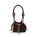 Detail of burgundy velvet bucket bag with wooden beads and silver chain strap - No Pendant / Red