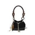 Retro suede bucket bag with beaded wooden handle and velvet leather contrast stitching - No Pendant / Black