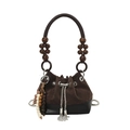 Vintage brown suede bucket bag with wooden bead handle and stylish tassel charm - No Pendant / Brown