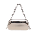 Detail of silver metallic mirror clutch bag featuring a beaded handle and fine chain strap - Silver