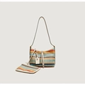 Ensemble sac seau tissé à rayures multicolores avec lanières blanches et pochette - Blanc Crème Arc-en-ciel