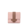 Detailed view of pink mini wallet featuring pebbled leather texture and brown strap closure - Light Pink