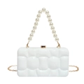 White acrylic evening clutch bag with woven texture and elegant pearl top handle - White