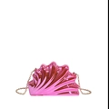 Detailed view of pink shell-shaped clutch with metallic texture and golden chain - Pink