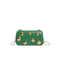Detail of green PU leather box clutch with oval gold ornaments and snake chain strap - Green