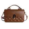 Retro dark brown quilted leather handbag with gold metal lock and shoulder strap - Brown